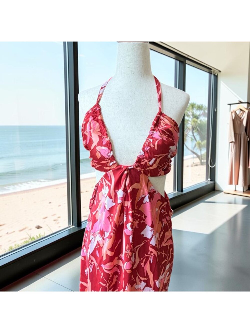 J. Crew Collection Halter Cut Out Maxi Satin Dress Lily Swirl Coral Pink Resort - Picture 4 of 7